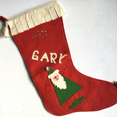 Vintage Christmas Stocking With Santa, Gary Felt Stocking, Fireplace Decor, Applique Santa, Hand Made Felt Stocking 