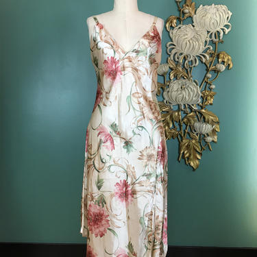 1990s nightgown, Laura Leigh ltd, vintage 9os nightgown, flapper style, beige floral satin, asymmetrical hem, sheer back, botanical print 
