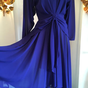 1980s cocktail dress, vintage 80s dress, 80s Casadei dress, cobalt blue dress, backless dress, sheer crepe dress, size medium, draped 