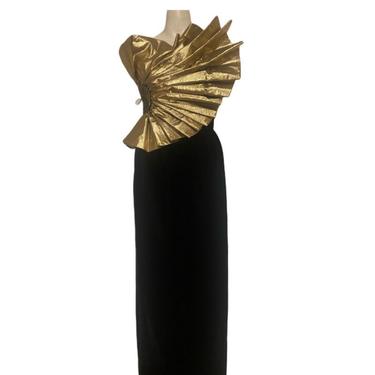 80's Designer Vintage gold fan Dress gold cocktail dress, one shoulder sleeve avant garde gown, wearable art holiday dress size small 