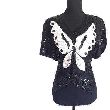 80's Vintage BUTTERFLY DISCO TOP, black and white sequin top, disco party top, women's evening wear, scalloped hem, size large l 