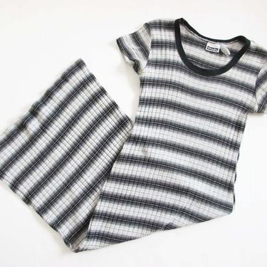 Vintage 90s Striped Ribbed Maxi Shirt Dress S - 1990s Gray Black T Shirt Long Dress - Long Bodycon Stretchy Sheath Dress - 90s Clothing 
