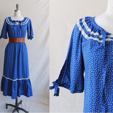 Vintage Blue Calico Prairie Dress/ 1970s 1980s Mid Length floral Puff Sleeve Dress/ Size Small Medium 
