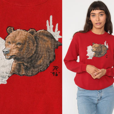 Bear Sweatshirt Animal Shirt 90s Sweatshirt Graphic Sweatshirt Red Sweatshirt Vintage Retro 80s Wildlife Shirt Small S 