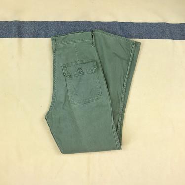 Size 27x30 Vintage 1970s US Army OG-107 Cotton Sateen 4 Pocket Utility Baker Fatigues Pants w/ Period Repairs 
