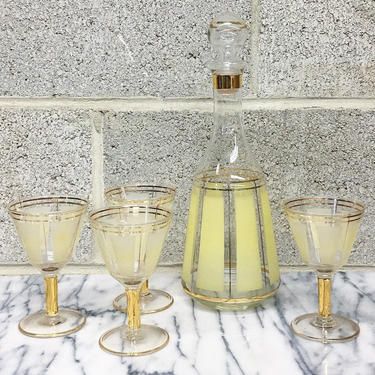 Vintage Decanter + Glass Set Retro 1960s Yellow + Gold Stripe on Clear Glass + Mid Century Modern + Wine + Alcohol Storage + MCM Bar Decor 