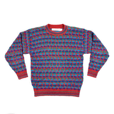 90s Coogi Style Pullover Sweater Mens Medium Made in USA, Vintage Mockneck Abstract Knit Red Blue Oversized Long Sweater 