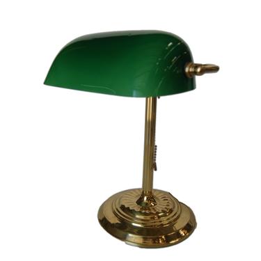 Brass Plated Bankers Desk Lamp w/ Green Glass Shade 