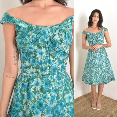 Vintage 1950s Dress / 50s Floral Silk Off Shoulder Party Dress / Teal Blue Green ( small S ) 