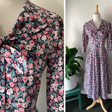 Vintage 1980s Laura Ashley Rose Garden Sailor Collar Cotton Dress | Size M/L 
