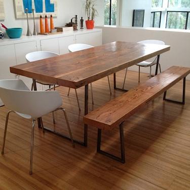 Wood Dining Table with reclaimed top and modern square steel base.  Choose size, thickness and finish. Custom inquiries welcome. 