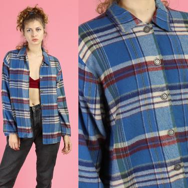 80s Plaid Button Up Collared Top - Women's Large | Vintage Long Sleeve Felt Flannel Shirt 