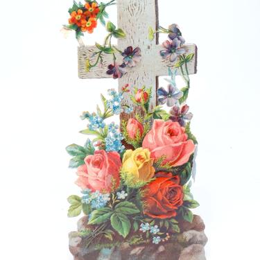Early 1900's German Victorian Cross with Roses Die Cut Christmas Scrap Ornament, Made in Germany, Easter 
