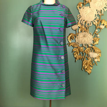 1960s sheath dress, parues Feinstein, vintage 60s dress, green and purple striped dress, silk wool blend, mod dress, size medium, high neck 