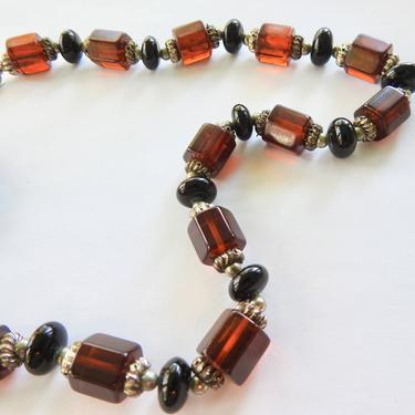 Mid Century Root Beer Lucite and Black Glass Silver tone Necklace 