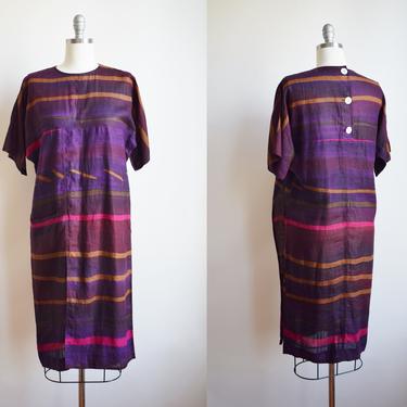 1980s Linen Ferragamo Shift Dress | Vintage 1980s/90s Purple Striped Linen Textile Designer Dress |  S/M 