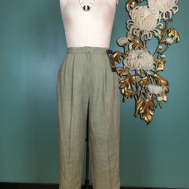 1980s trousers, pleated pants, vintage pants, high waist, green linen, minimalist style, 27 28 waist, 80s slacks, 1940s style, small medium 