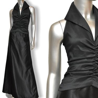 Vintage Tadashi Black Satin Formal Dress with Ruched Top Size 8/10 