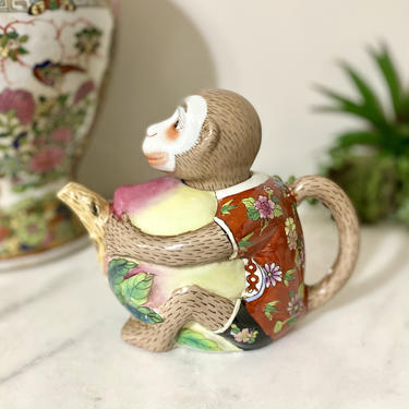 Vintage Chinoiserie Monkey Teapot, Chinese Porcelain 