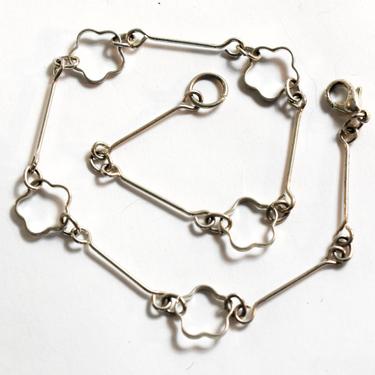 70's minimalist 925 silver flower chain hippie ankle bracelet, dainty sterling wire clover & bars flower child anklet 