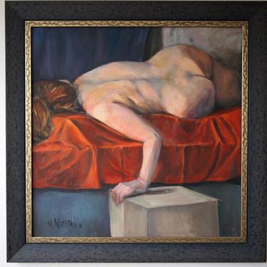N. WITOSHKIN Lying NUDE PAINTING Female Woman 30x30&amp;quot; Oil / Board, Vintage Mid-Century Modern Art abstract expressionist figural eames era 