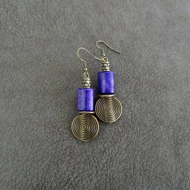 Bohemian dangle earrings, purple stone earrings, bold statement earrings, unique boho chic earrings, rustic artisan earrings, bronze 2 