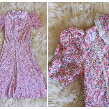 vintage 40s floral print dress, 1940s dress / fine cotton lawn dress, pink floral dress / 1940s girls party dress - 40s dress, ladies xs 