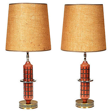 1960s Wood &amp; Burlap Shade Table Lamps, Pair by 2bModern