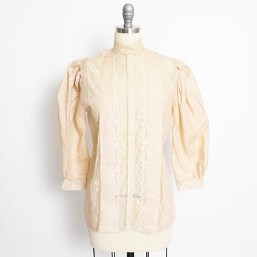 Vintage 1980s Blouse Beige Cotton Sheer Lace Top 80s Medium 