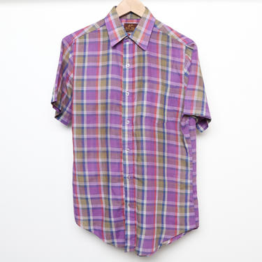 vintage 80s 90s thin soft PLAID color block fresh prince pastel men's short sleeve button down shirt -- size small 