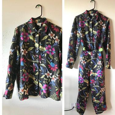 Black Alison Taylor floral matching button up shirt and trousers set size medium 