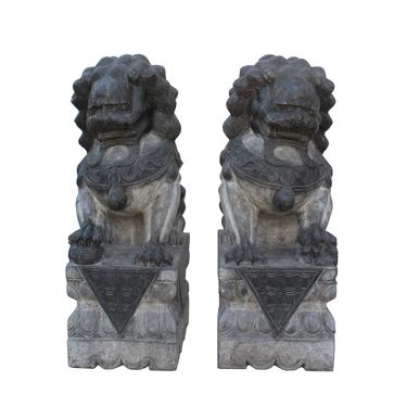 Chinese Pair Black Gray Stone Fengshui Foo Dog Statues cs4661E 