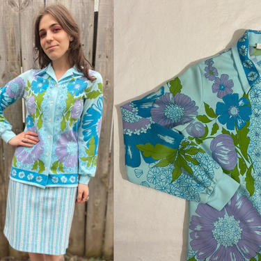 Vintage 1970s Border Print Top | Mod Floral Screen Print Button Up Shirt, Pointed Collar Double Knit Blouse, Medium | Jane Colby Original 
