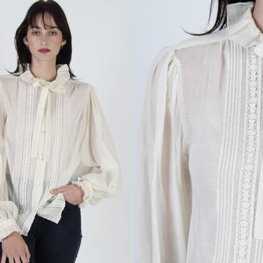 Victor Costa Casual Bow Tie Blouse / 1980s Designer Ivory Ruffle Collar Top 