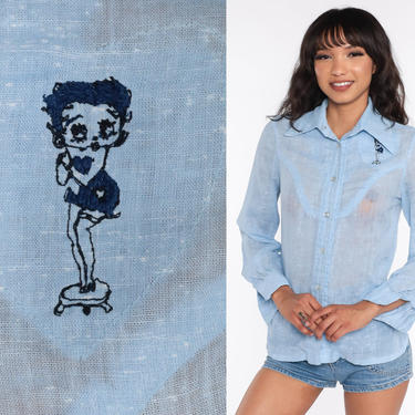 70s Betty Boop Shirt Chambray Shirt Western Shirt Hand EMBROIDERED Shirt Butterfly Button Up Hippie Blue Boho Long Sleeve Vintage Small S 