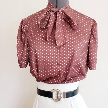 1970s Brown &amp; White Polka Dot Short Sleeved Blouse Pussy Cat Bow / 80s 70s Button Down Print Shirt Top / Candice / M 