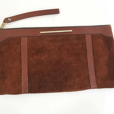 Vintage 1970s Brown Suede Clutch Phillippe Leather Envelope Purse Wristlet Boho 70s Handbag Gold Bag Boho Hippie Style 