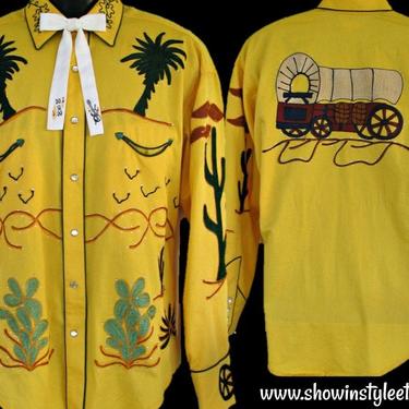 Rockmount Vintage Retro Western Men's Cowboy &amp; Rodeo Shirt, Embroidered Chainstitched Western Designs, Tag Size Medium (see meas. photo) 