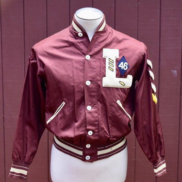 1930s / 1940s Burgundy  Nylon Satin Button Up  Letterman / Varsity Jacket Lyons General Athletic Clothing 
