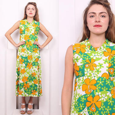 Vintage 1960's Napili Neon Floral Hawaiian Maxi • 60's Green &amp; Orange Hibiscus Dress • Size S 