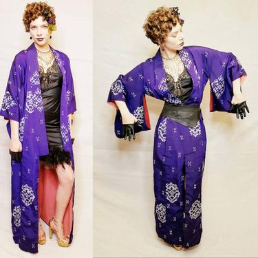 1930s 1920s Japanese Purple Silk Kimono Robe Silver Gray Design Weave / Late Taisha Early Show Period Indigo Ultraviolet Traditional Kimono 