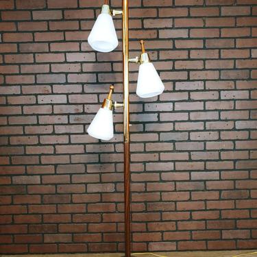 Vintage Brass and Faux Wood Danish Style Floor Pole Lamp with White Shades and Wood Finials 