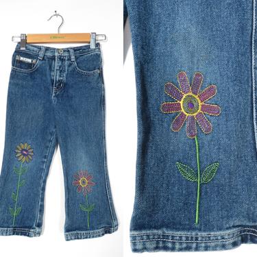 Vintage 90s Does 70s Girls Embroidered Flower Power Bell Bottoms Size 4 