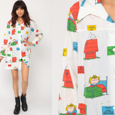 Charlie Brown Pajama Dress 70s Mini Snoopy Nightgown Long Sleeve Tent Novelty Print 1970s Shift Vintage Large 