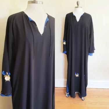 Vintage Black Maxi Dress Caftan Blue Gold Floral Embroidery / Long Lounger or Evening Dress Mumu Plus Size / Andrea 