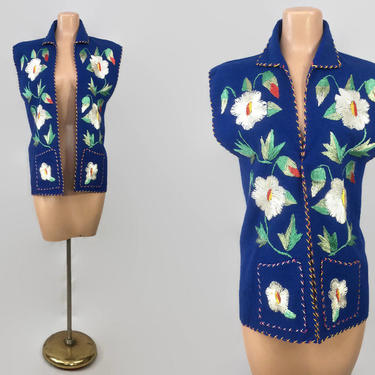 VINTAGE 1950s Mexican Embroidered Tourist Vest | Embroidered Flowers and Pockets| Open Front 50s Souvenir Sleeveless Jacket Vest 