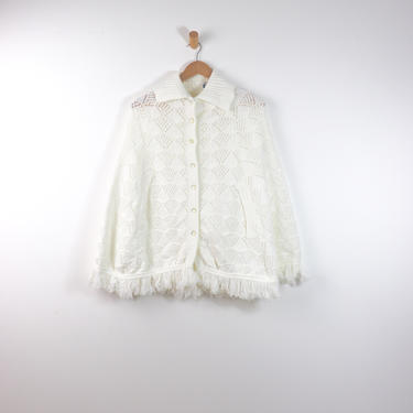 Vintage 70's White Collared Cape, White Crochet Collared Poncho 