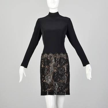 Small Bob Mackie Dress 1990s Black Long Sleeve Mockneck Metallic Lace Mini Skirt 
