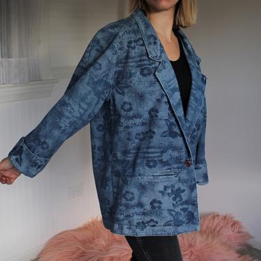 Vintage Floral Patterned Denim Blazer Jacket Women's Size L 