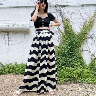YVES SAINT LAURENT 80s Black + White Wave Stripe Cotton Maxi Skirt